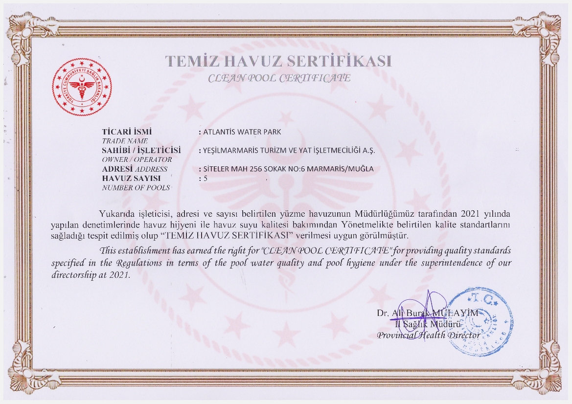 Atlantis Marmaris Water Park Clean Pool Certificate